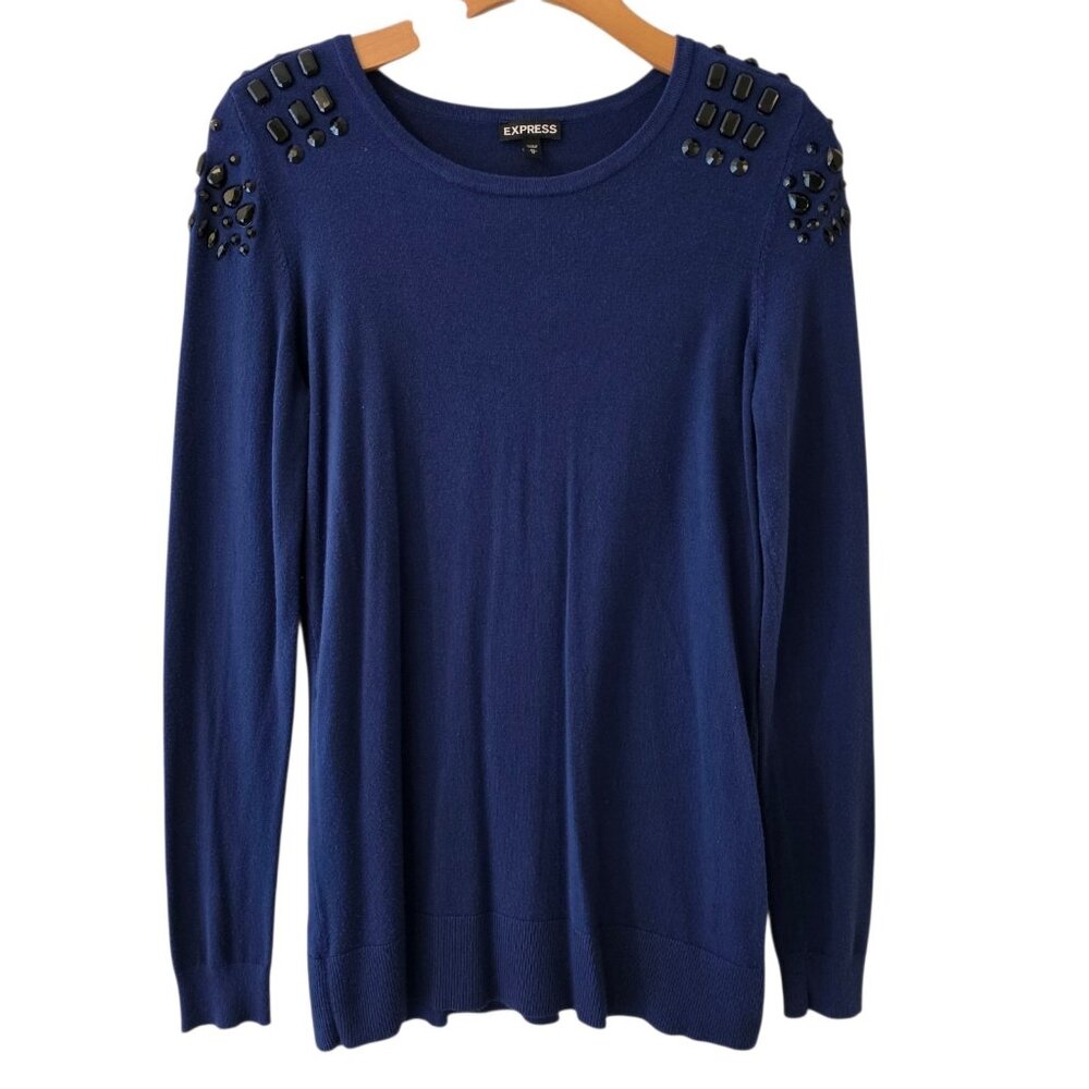 Express Sweater Size Medium Lightweight Blue Embellished Festive Party Christmas
